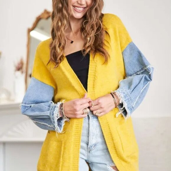 ADORA Full Size Frayed Denim Sleeve Sweater Cardigan Plus Size - Picture 2 of 5